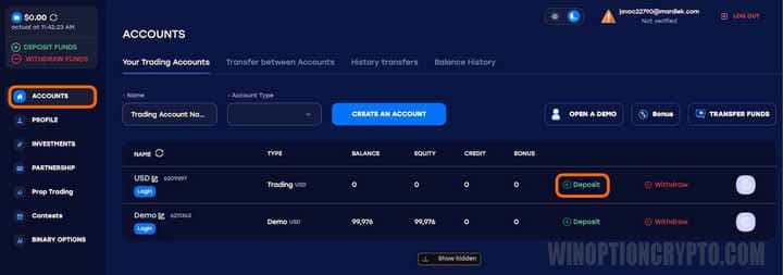 The accounts tab in AZAForex