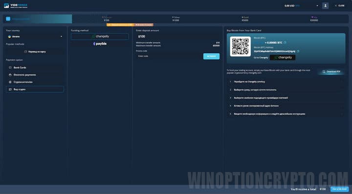VideForex account replenishment