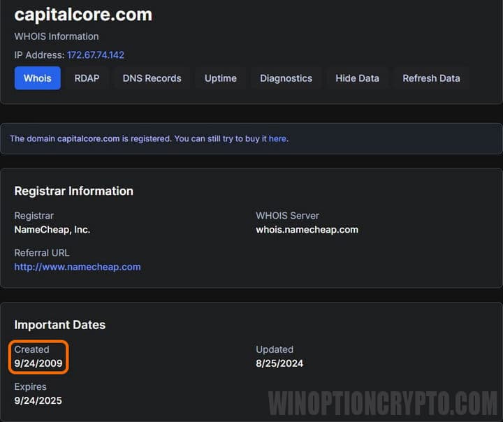 дата регистрации домена capitalcore