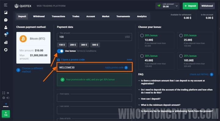 Receiving a welcome bonus at Quotex