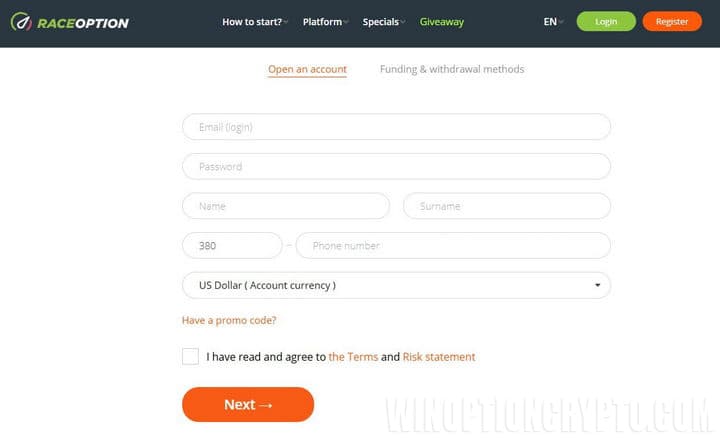 RaceOption registration form