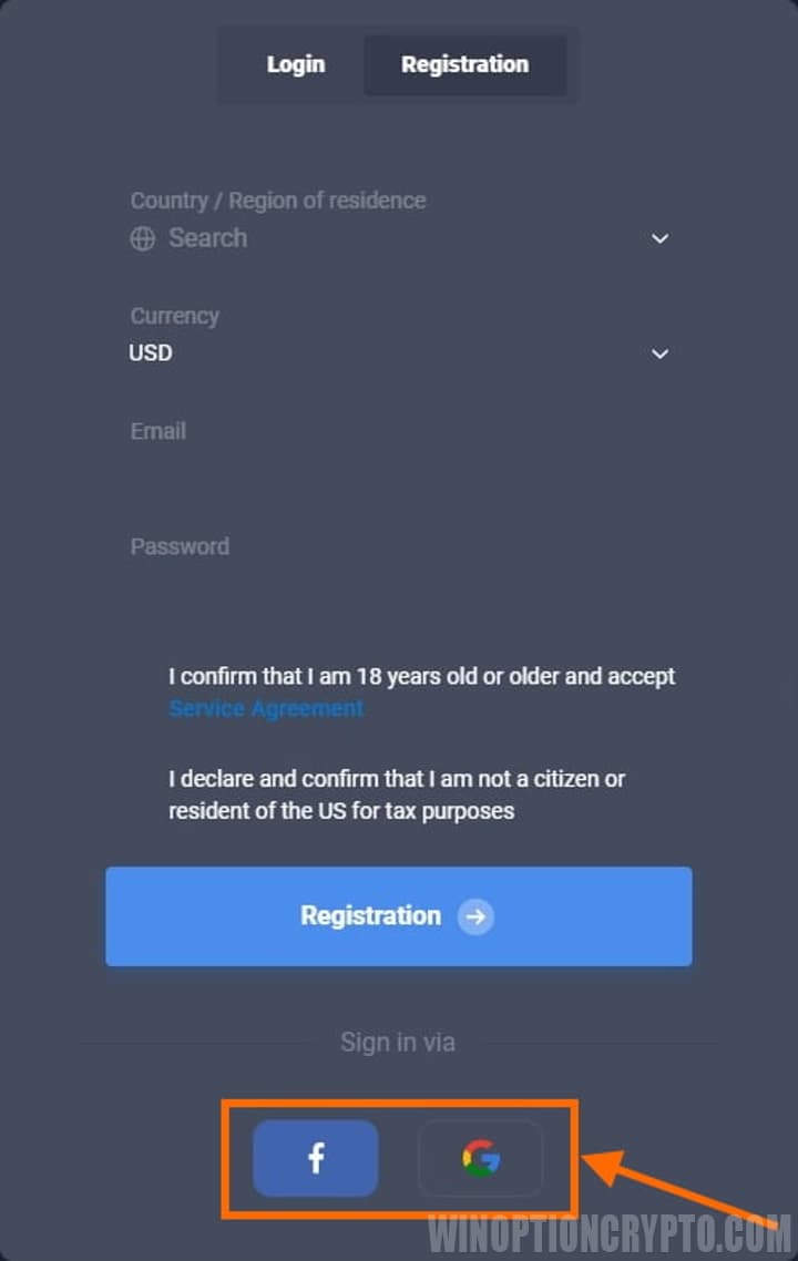 Registro de Quotex a través de redes sociales.