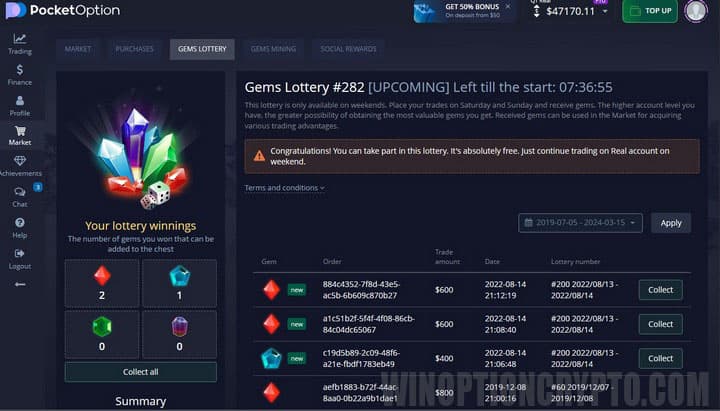 lottery with crystal prizes in pocket option
