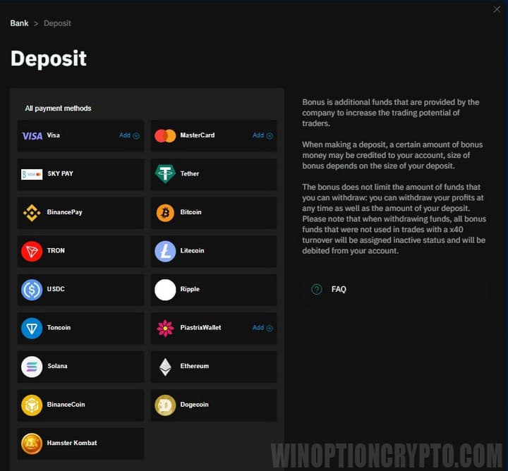 Methods for replenishing your Binarium balance