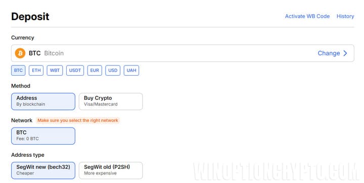 replenishment of cryptocurrencies on the exchange whitebit